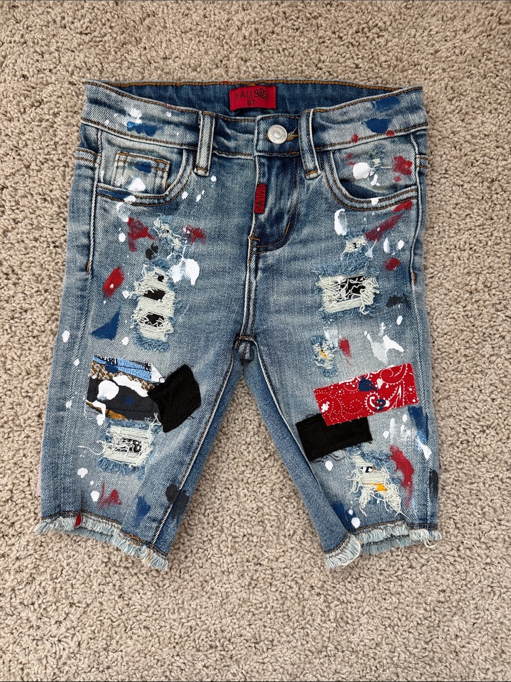 Haus of JR Kids Distressed Denim Shorts with Patch & Paint Details - Blue